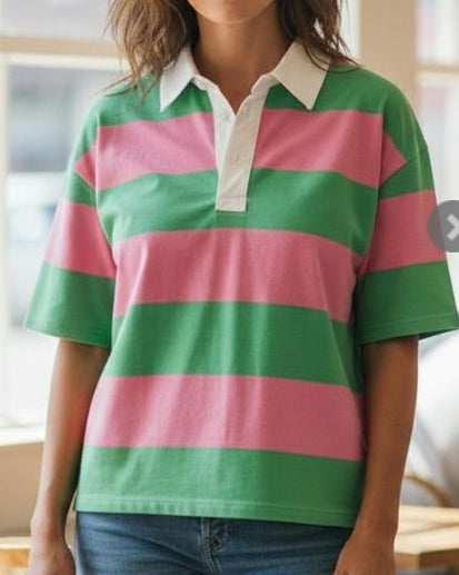 Rugby Striped Half Sleeve Polo Shirt