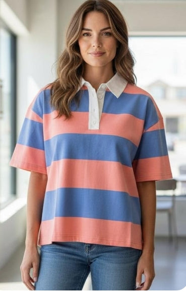 Rugby Striped Half Sleeve Polo Shirt