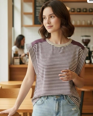 Plum Stripe Short Sleeve Top