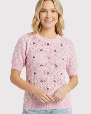 Embroidered Cherry Short Sleeve Sweater