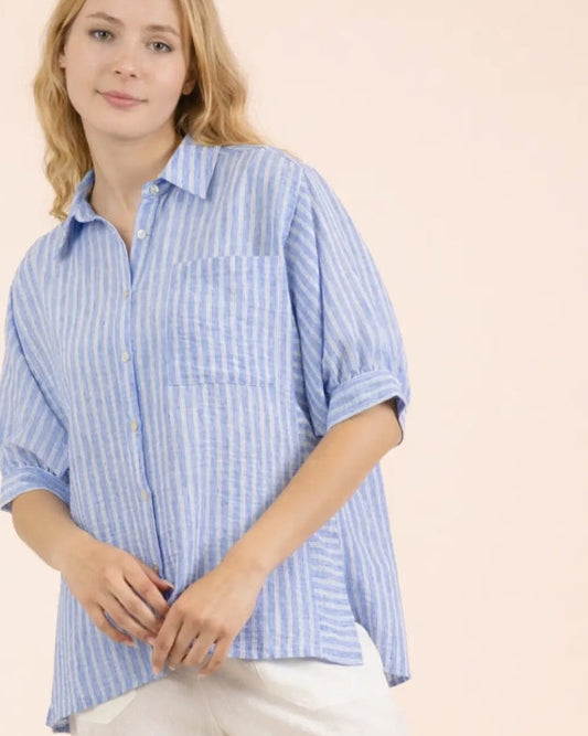 Striped Half Puff Sleeve Shirt Top