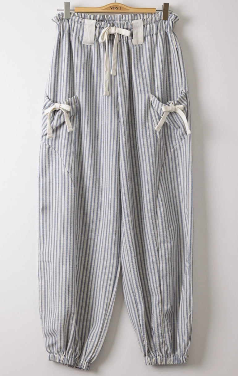 Bow Detail Stripe Textured Woven Pants
