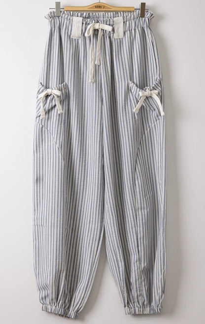 Bow Detail Stripe Textured Woven Pants