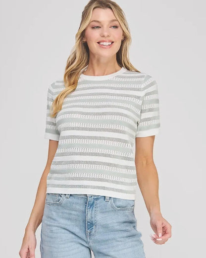 Soft Sage & White Striped Short Sleeve Top