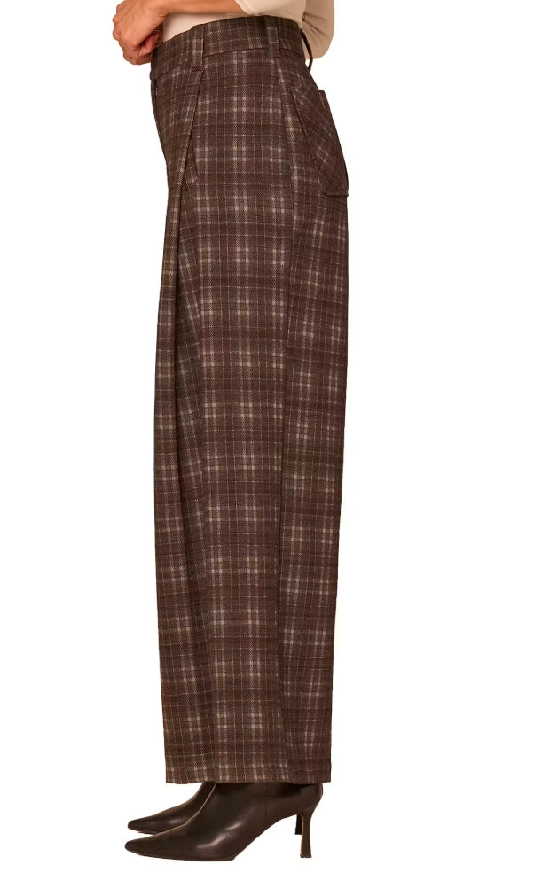 Skyrise Wide Leg Pleated Plaid Trouser