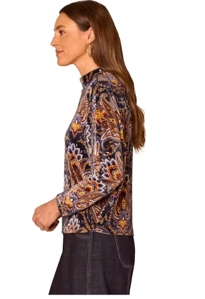 Long Sleeve Batwing Paisley Floral Print Mock Neck