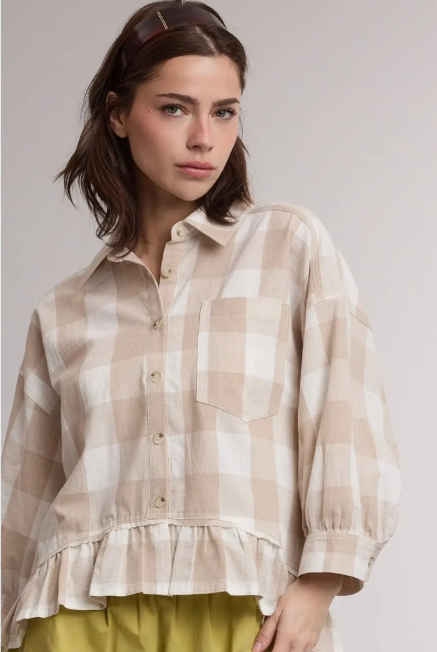 Plaid Ruffled Button-Down Blouse