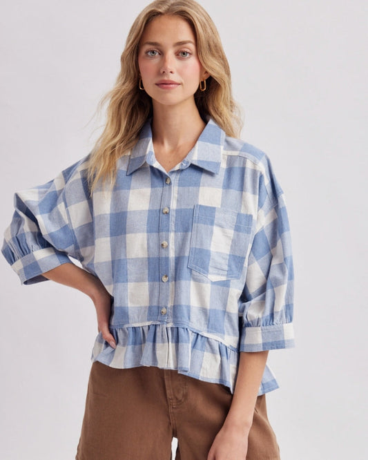 Plaid Ruffled Button-Down Blouse