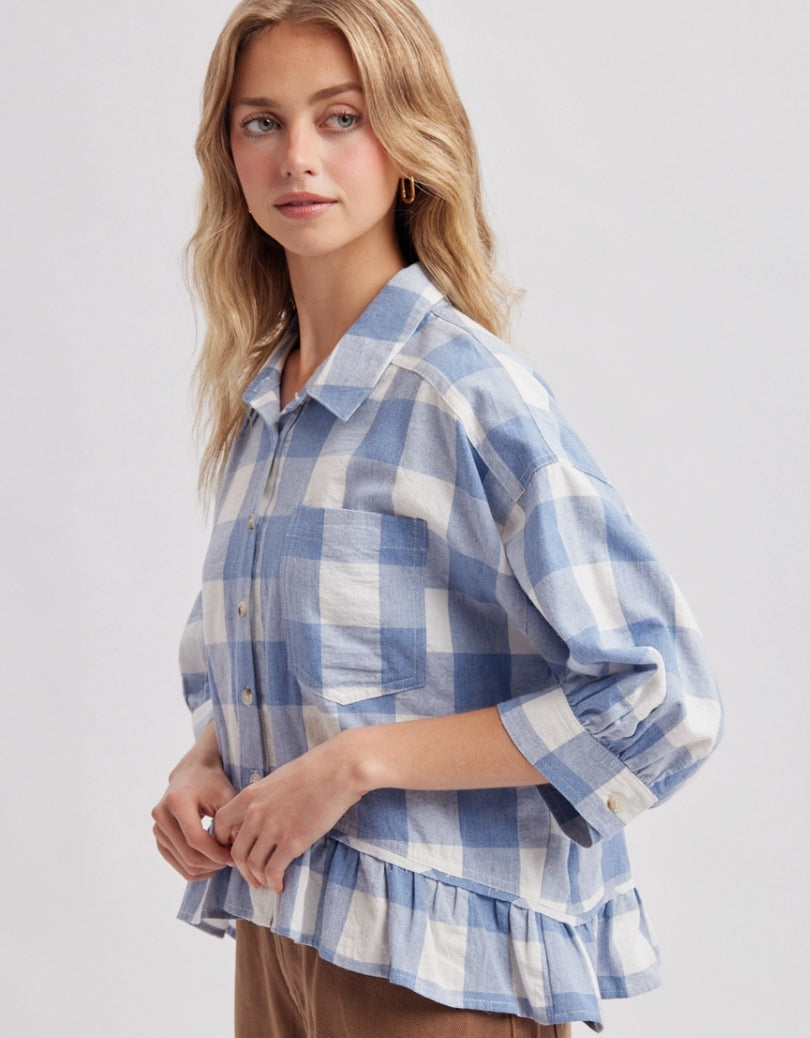 Plaid Ruffled Button-Down Blouse