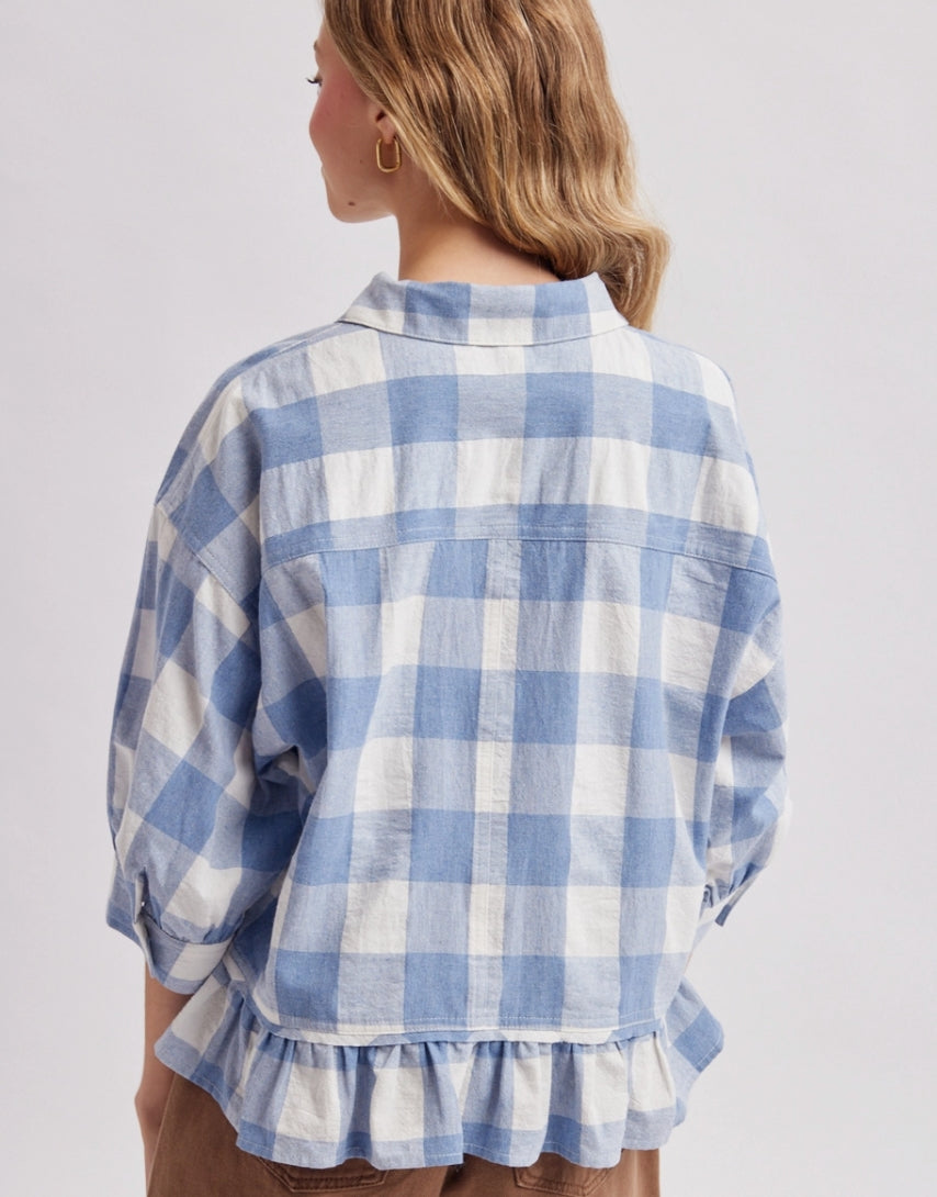 Plaid Ruffled Button-Down Blouse