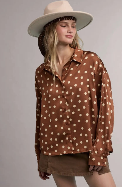 Brown & Cream Polka Dot Button Down Blouse