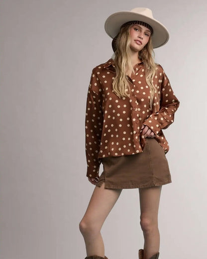 Brown & Cream Polka Dot Button Down Blouse