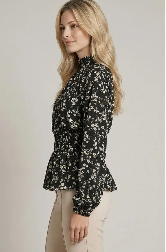 Floral Printed Smocked Waist Long Sleeve Top