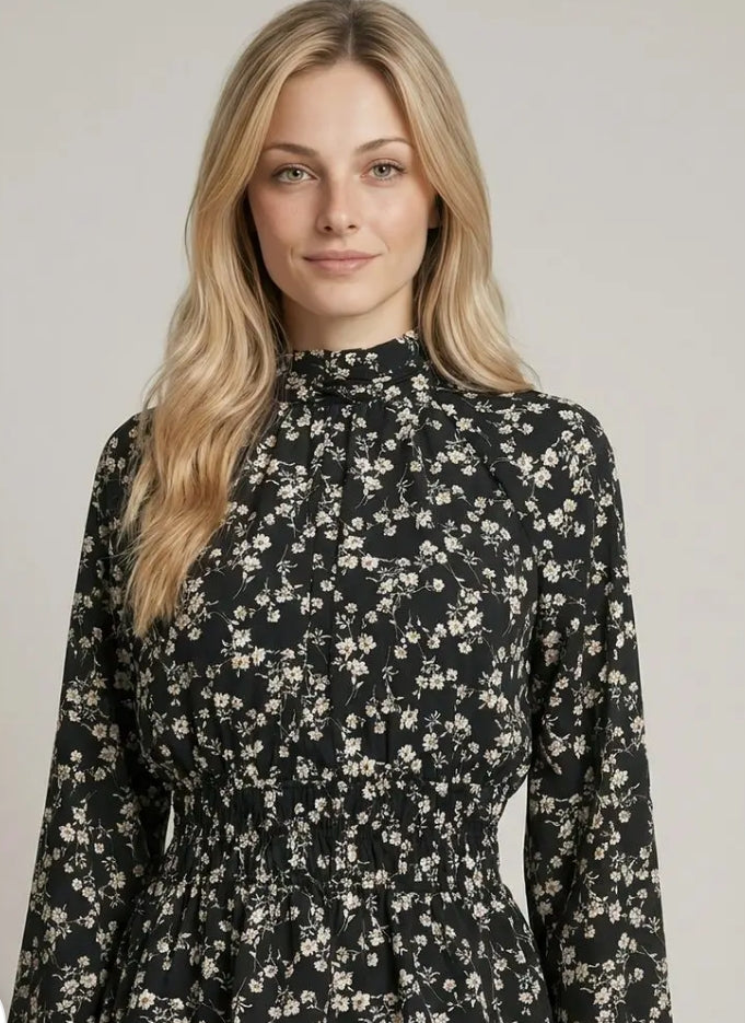 Floral Printed Smocked Waist Long Sleeve Top