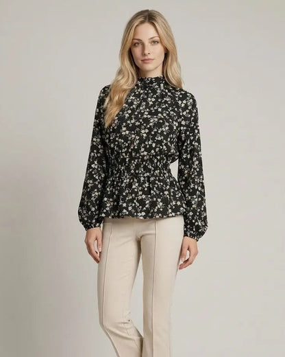 Floral Printed Smocked Waist Long Sleeve Top