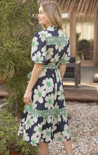 Navy Floral and Stripe Mixed Midi Dress