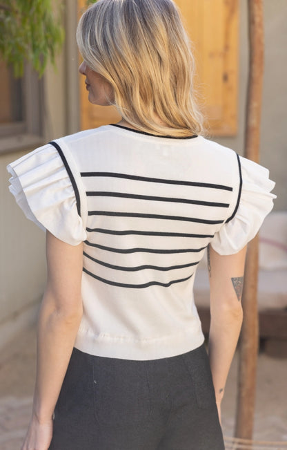 Striped Short Ruffle Sleeved Knit Top