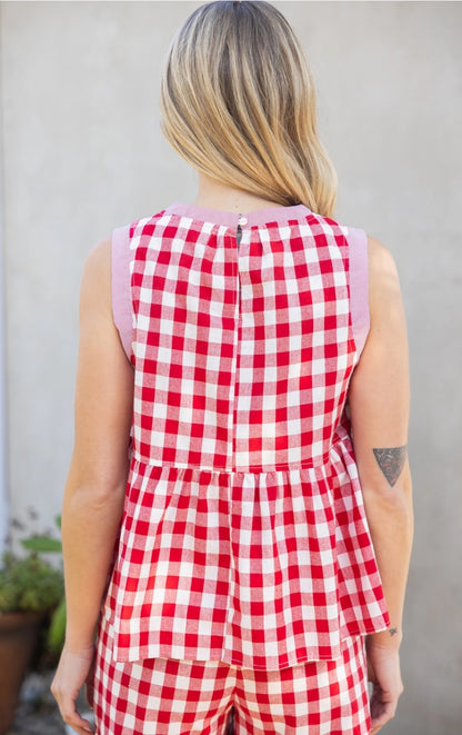Floral Embroidered Gingham Sleeveless Peplum Top