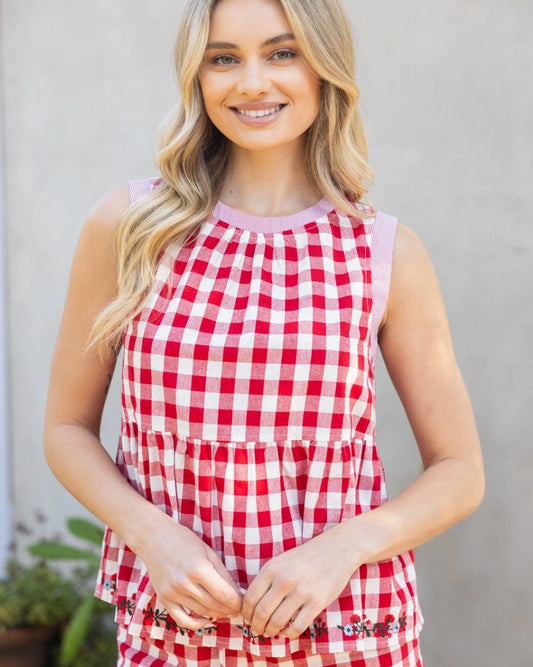 Floral Embroidered Gingham Sleeveless Peplum Top