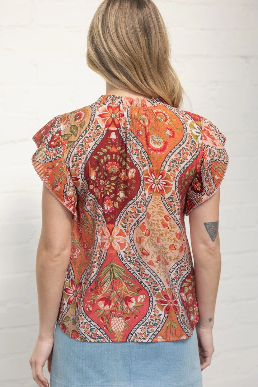 Red Paisley Pleated Sleeve Button Down Floral Printed Top