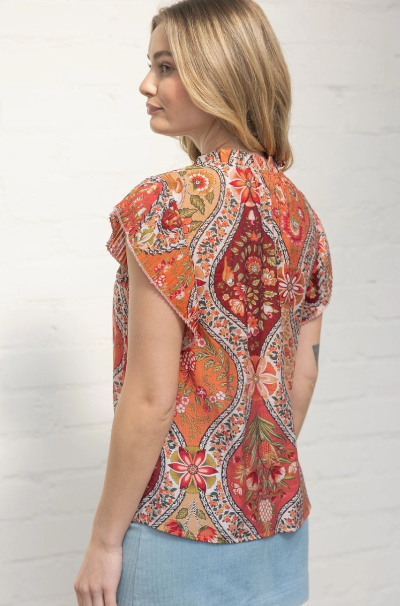 Red Paisley Pleated Sleeve Button Down Floral Printed Top