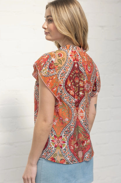 Red Paisley Pleated Sleeve Button Down Floral Printed Top