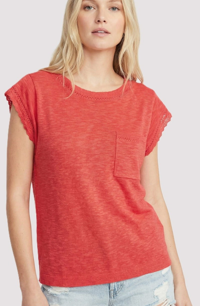 Pointelle Detailed Pocketed Short Sleeve Top