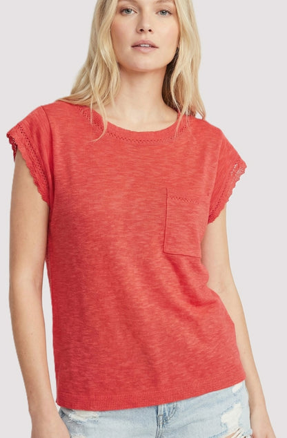 Pointelle Detailed Pocketed Short Sleeve Top