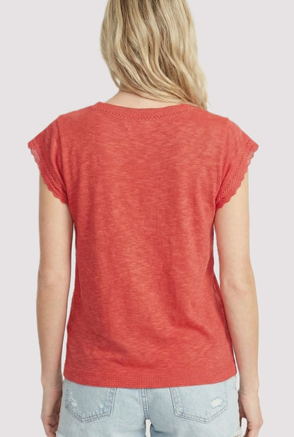 Pointelle Detailed Pocketed Short Sleeve Top