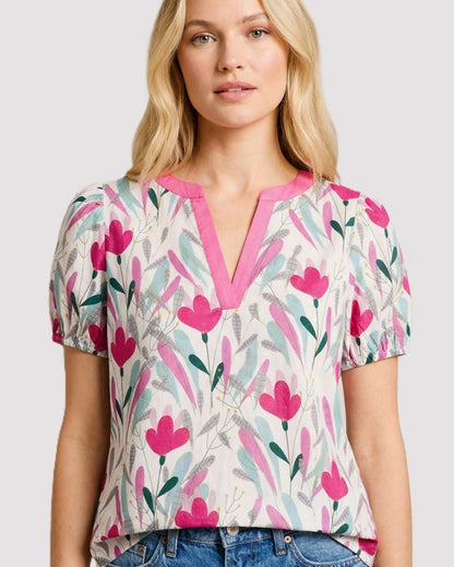 Y Split Neck Poplin Tulip Floral Printed Top