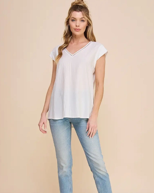 White Flowy Short Sleeve V-Neck Blouse