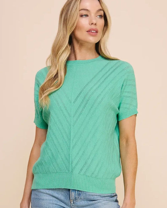 Spearmint Short Sleeve Chevron Pointelle Top