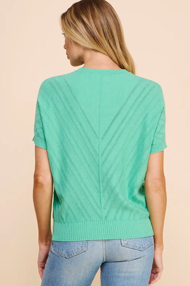 Spearmint Short Sleeve Chevron Pointelle Top