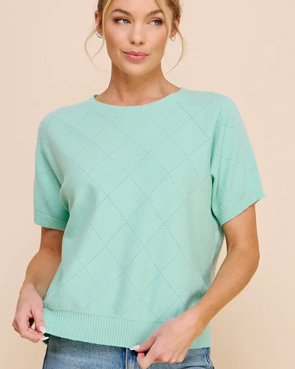 Mint Short Sleeve Diamond Pointelle Top
