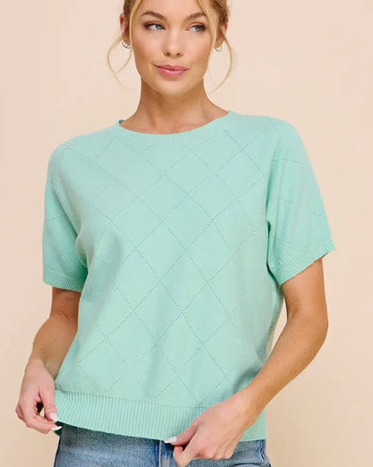 Mint Short Sleeve Diamond Pointelle Top
