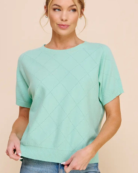 Mint Short Sleeve Diamond Pointelle Top