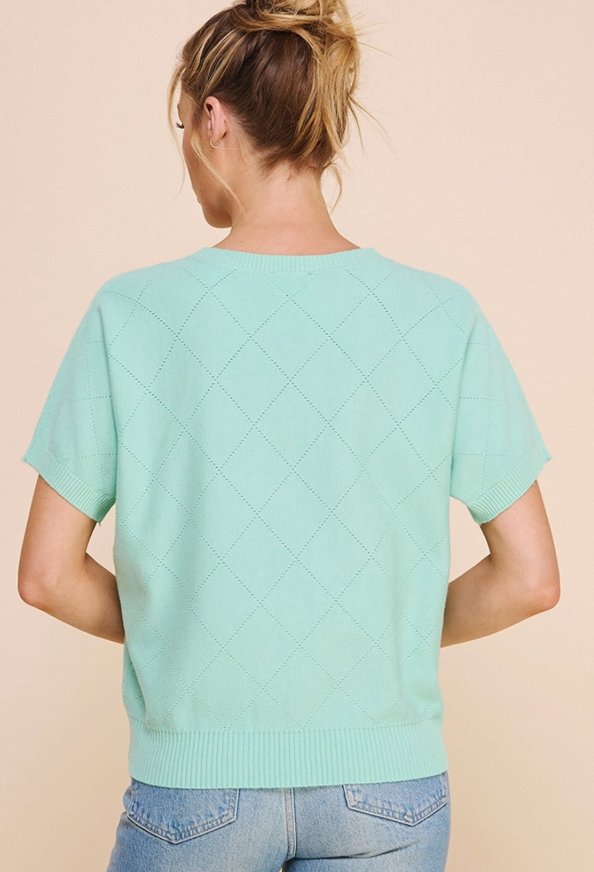Mint Short Sleeve Diamond Pointelle Top