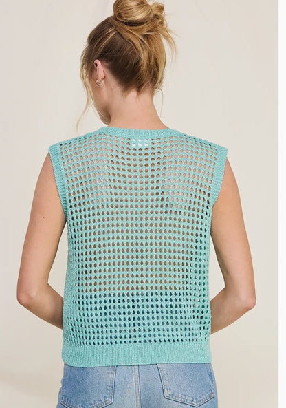 Aqua & Silver Open Weave Foil Knit Crochet Tank