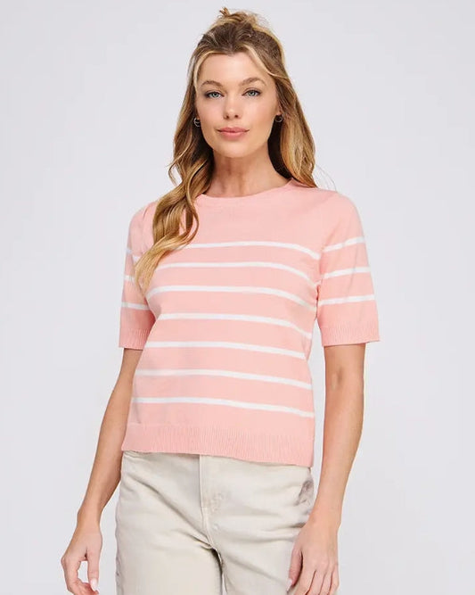 Papaya Stripe Short Sleeve Preppy Top