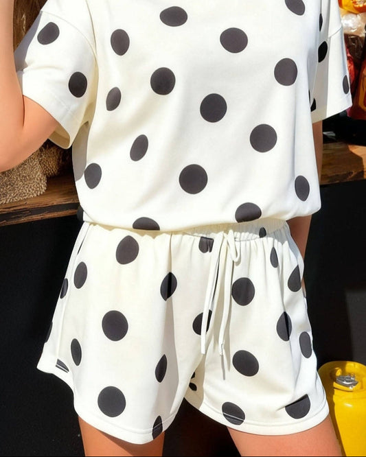 Black Polka Dot Print Drawstring Shorts