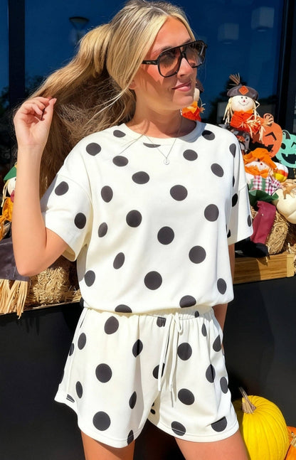Black Polka Dot Print Drawstring Shorts