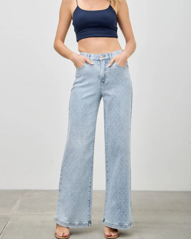 Saige - High Rise Dotted Wide Leg Jean