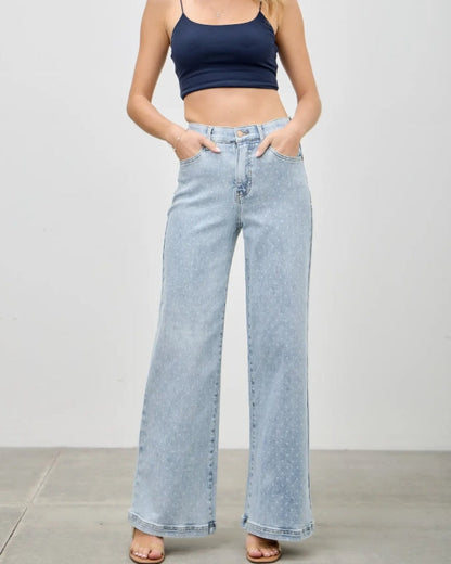Saige - High Rise Dotted Wide Leg Jean