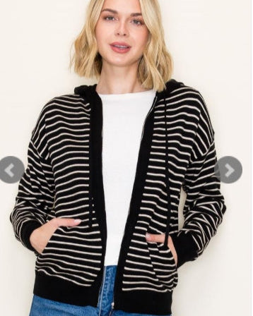Black & White Striped Hooded Zip Up Cardigan
