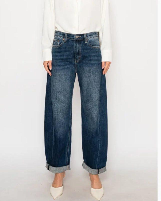 High Rise Relaxed Dark Wash Barrel Jean
