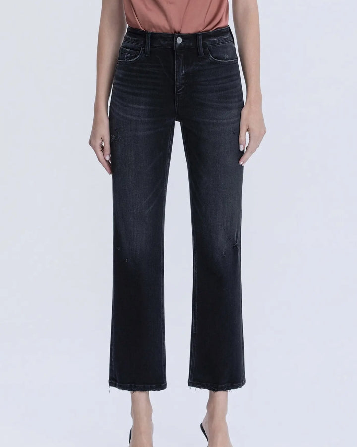 Mid Rise Black Ankle Straight Jeans "Verdant Gleam"