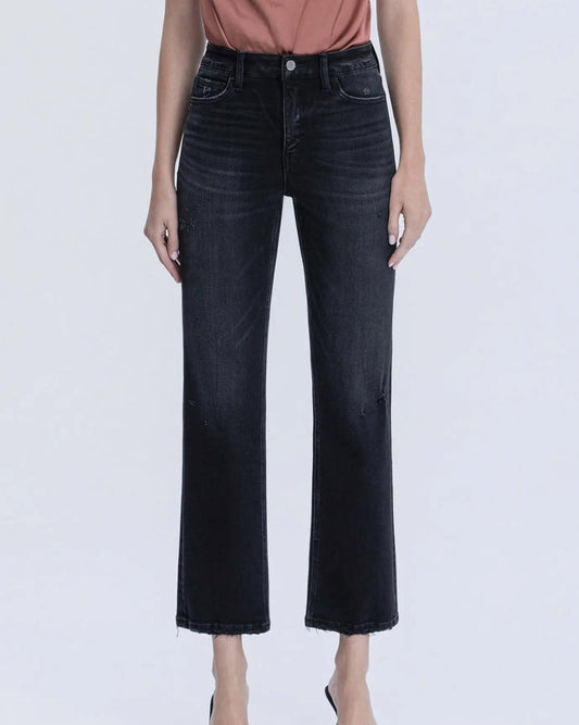 Mid Rise Black Ankle Straight Jeans "Verdant Gleam"