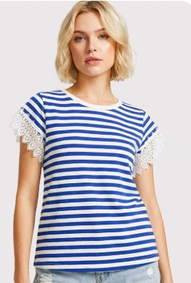 Short Sleeve Striped Shirt w/ Lace Sleeve Detail