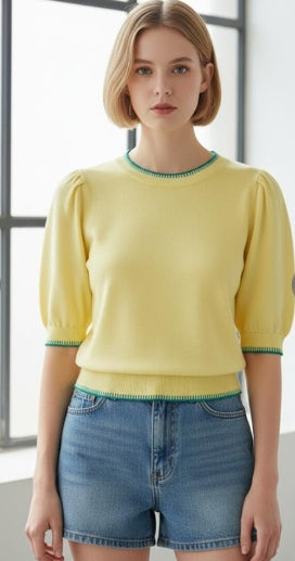 Pop of Color Blanket Stitch Puff Sleeve Top