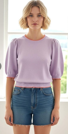 Pop of Color Blanket Stitch Puff Sleeve Top